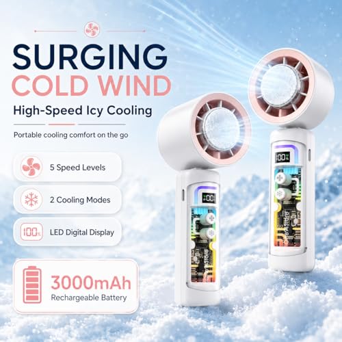 Image of One94Store Mini Handheld Turbo Fan Pink, 3000mAh Rechargeable Battery, Up to 6 Hours Runtime, 5 Speed & 2 Cooling Modes, Digital Display, Type-C Fast Charging Fan for Travel, Office & Outdoor