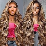 Hepnok Honey Blonde Highlight Wig Human Hair Ombre Body Wave 13x6 HD Lace Front Wigs Human Hair Pre Plucked 200% Density P4/27 Brown Highlight Colored Lace Frontal Glueless Wigs for Women 20 Inch