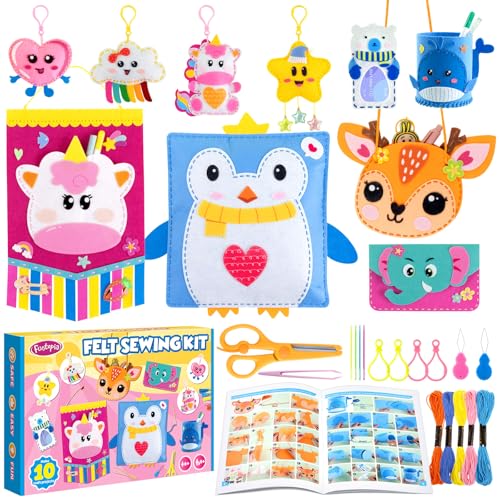 Craft Kits For Kids Ages 4-7 8-12 10 Easy DIY Sewing Kit For Kids Children With Tutorial Tools Pillow Hanging Organizer Bag Pen And Card Holder Beginner Sewing Toys And Birthday Gift For Girls