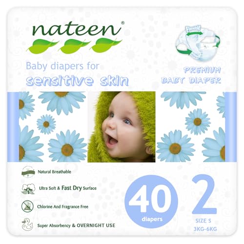 Image of Nateen Premium Baby Diapers, Overnight Use Disposable Diapers for Sensitive Skin, Ultra Thin Diapers with Comfortable Fit. Size 2 (Small), 40, Count.