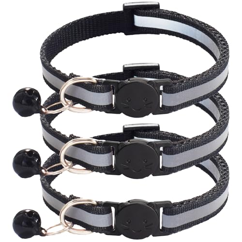 zulinlong 3 Pack Reflective and Breakaway Cat Collars with Bells，Adjustable Kitten Collars from 7.5 to 12.5 Inches, Ideal of Kitten Collar, Suitable for Girls and Boys (Black)