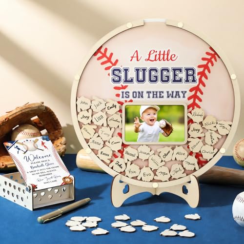 Image of Wenqik 63 Pcs Baseball a Little Slugger is on The Way Baby Shower Guest Book Alternatives Set Baby Shower Decorations with Photo Frame Sonogram Frame Keepsake 60 Wood Slices Guest Book for Birthday