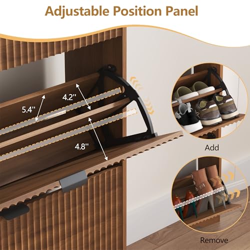 Image of HUANLEGO Shoe Cabinet Storage for Entryway with 2 Flip Drawers, Walnut Fluted Shoe Cabinet with Open Storage, Wooden Hidden Shoe Rack Freestanding Narrow Slim Shoes Organizer for Hallway, Entrance