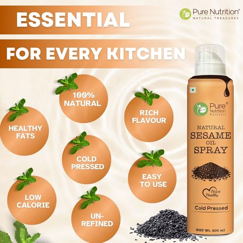 Image of Pure Nutrition Sesame Oil Spray | 100% Pure, Natural & Cold-Pressed | Cook Healthy with 10X Less Oil | Rich in Antioxidants & Nutrients | Ideal for Sauteing, Grilling & Salad Dressings | Heart-Healthy Oil - 200ml