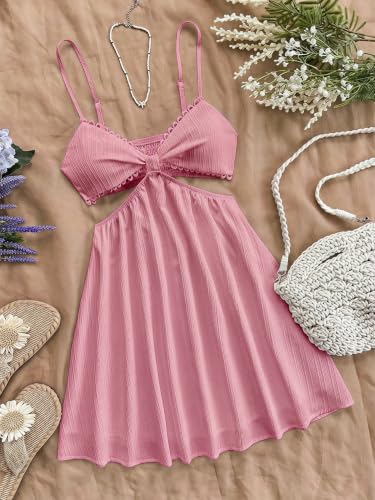 Image of OYOANGLE Women's Cut Out Smocked Sundress Backless Ruffle A Line Cami Dress | Country Concert Dress, Sun Dress, Sunmer Dresses, Ceach Dress, Flowy Mini Dress, Cutout Sundress