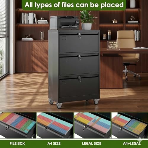 Aobabo 3 Drawer Lateral File Cabinet with Wheels, Lockable Metal Filing Cabinet for Home Office, Legal/Letter Size,Black,Required Assembled,15.87\" D x 28.94\" W x47.63 H