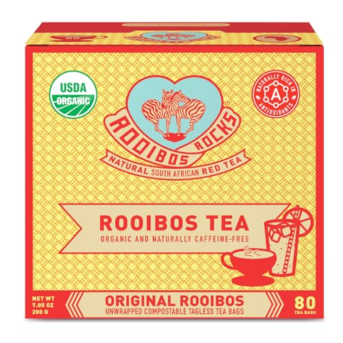 Caffeine Free Organic Rooibos Tea Bags 80 - Naturally Sweet Herbal Tea Safe for Kids & Pregnant Women – Low Tannin Premium South African Tea Red Tea - Sustainably & Ethically Farmed Red Rooibos Tea