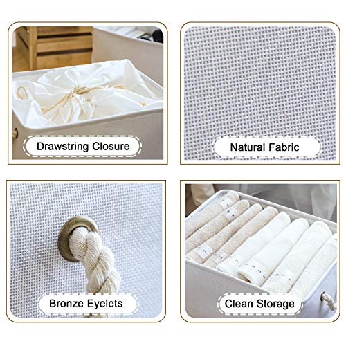 Yawinhe Foldable Storage Baskets 3 Pack, with Drawstring Cover and 2 Handles, Fabric Collapsible Storage Bins, for Shelves, Clothes, White, SNK003WS - Image 6