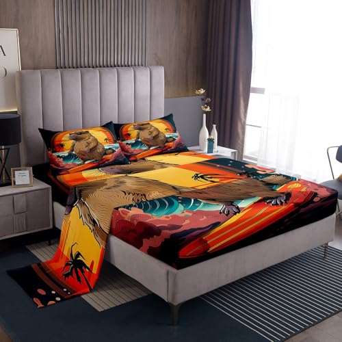 Homewish Kids Cute Beaver Bedding Set Double Size, Wild Animal Bed Sheets Set For Bedroom, Wildlife Flat Fitted Sheet, Funny Beach Palm Tree Bed Sets
