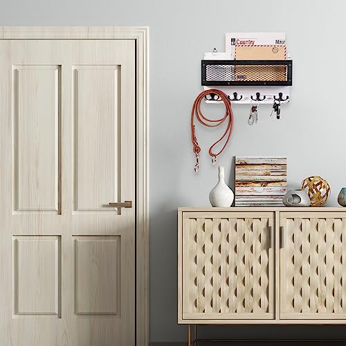 Adiil Mail And Key Holder For Wall Decorative, Wooden Wall Key Rack Organizer With 4 Double Key Hooks, Wall Mount Key Hanger For Wall With Shelf, Rustic Home Decor For Entryway Hallway, White #TOP4