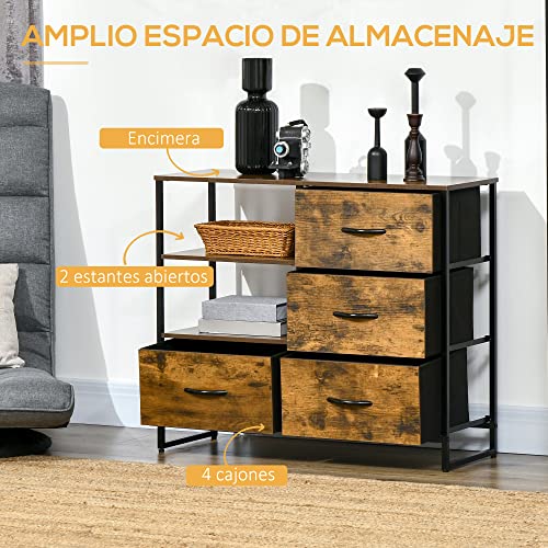 Miniatura 4 de Homcom Mueble Organizador Cajonera De Tela Con Cajones Plegables Estantes Abiertos Y Marco De Acero Estilo Industrial Para Salón Recibidor Dormitorio 84x30x71,5 Cm Marrón Rústico