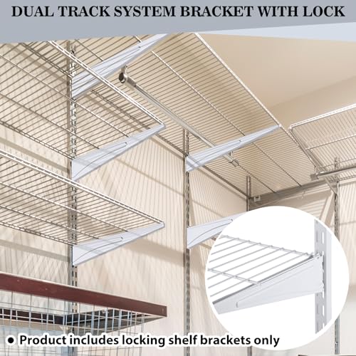 Image of Wonderjune 2 Pcs Adjustable Locking Shelf Bracket 16 Inch Shelf Brackets Heavy Duty Wire Shelving Brackets for Deep Wire Shelving Double Track System (White)