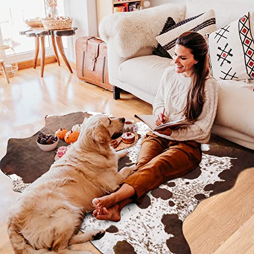 Foxmas Faux Cowhide Rug 4.6X5.2 Feet Cow Print Rugs For Bedroom Living Room, Western Home Decor Cow Hide Animal Rug, Cow Print Western Rugs, Faux Fur Fabric Rug Animal Print Carpet #TOP1
