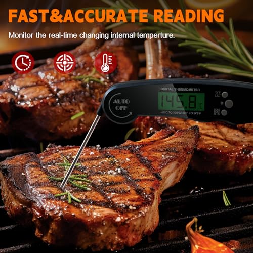 Digital Meat Thermometer for Cooking, Grilling & Candy – Collapsible Probe | Waterproof Thermometer, Backlit Display, Magnetic, Calibration Function (Black)