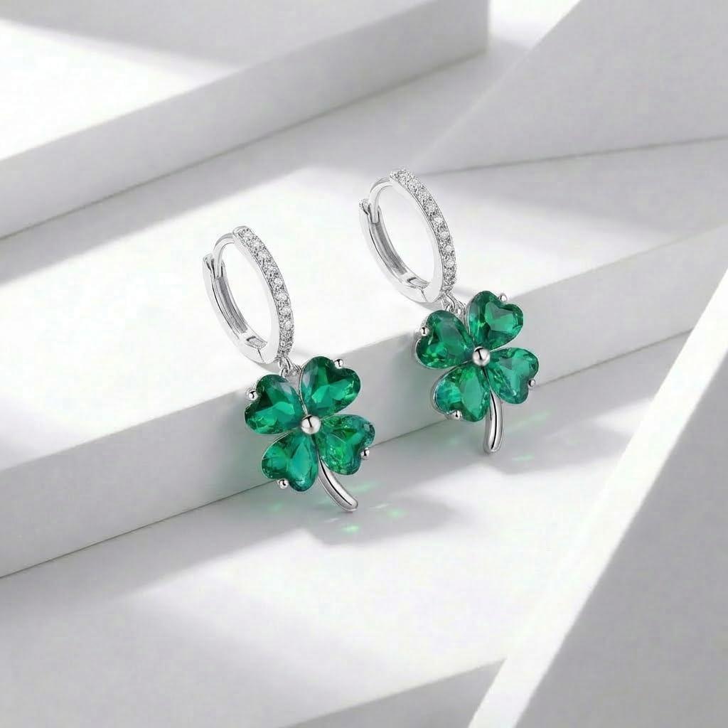 Reffeer Solid 925 Sterling Silver CZ Clover Leaf Earrings Drops for Women Teens Shamrock Earrings Hoops Green St Patrick’s Day