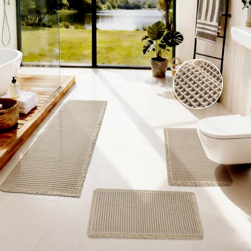 Wusboo Tapis de Bain antidérapant, Absorbant, Lavable en Machine，Ensemble de Tapis décoratifs 3 pièces，Convient pour Salle de Douche, Chambre, Salon, 1 pièce 121x50cm+2 pièces 61x43cm, Kaki