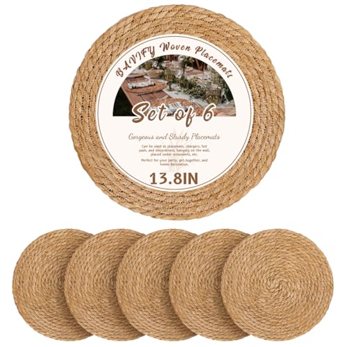 Image of 13.8 in Round Woven Placemats Plate Chargers Set of 6, Boho Farmhouse Rustic Woven Place Mats for Dining Table Decor, Rattan Wicker Table Mats Jute Braided Chargers for Dinner Plates