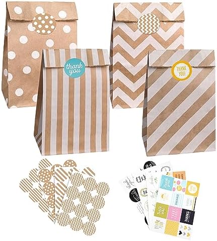 Torby papierowe brązowe, 40 szt. Papierowe torby papierowe torby na prezenty papierowe brązowe torby papier z 60 naklejkami, papierowa torba do pakowania prezentów, upominków, przyjęć urodzinowych dla dzieci