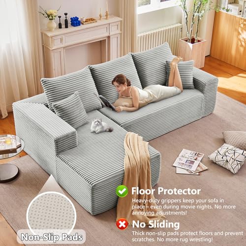 Image of 96 inch Modular Sectional Sofa, Modern Corduroy Cloud Couch with Deep Seat, Boneless Couch Upholstered 3-Seater L-Shaped Sofa for Living Room, No Assembly Required (Light Gray, Left-Facing Chaise)