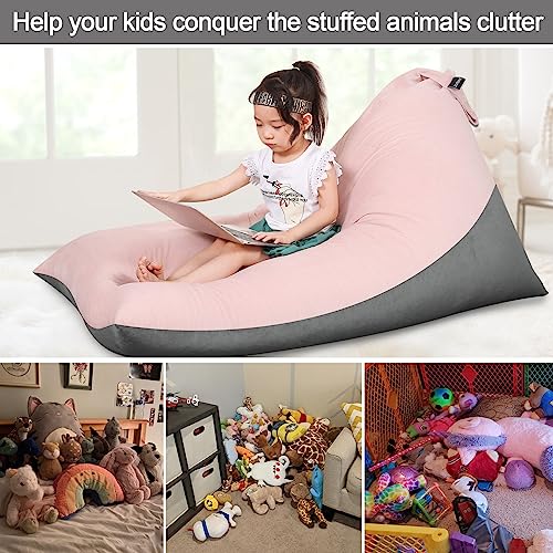 Stuffed Animal Storage Bean Bag Chair For Kids And Adults, Luxury Velvet Stuffed Animal Storage, Stuffie Seat - Cover Only(Pink & Dark Grey 200L/52 Gal) #TOP1