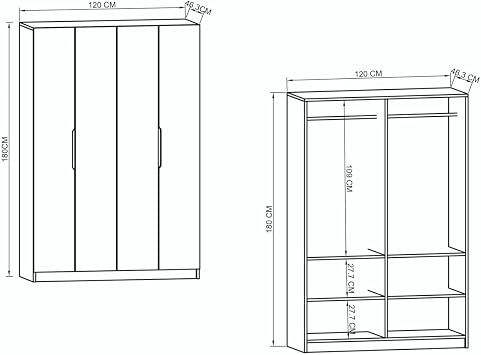 VM VERTEX MOBİLYA Monza 4 Kapılı Beyaz Gardırop Dolap 120 Cm Vm30, 180 Cm Beyaz