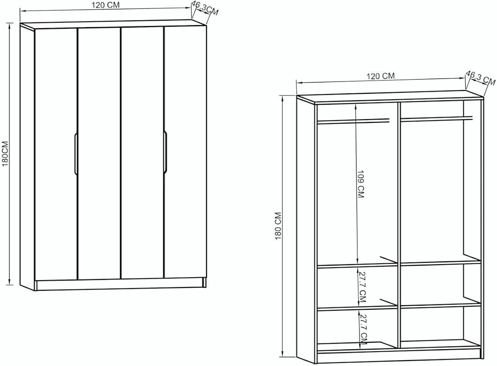VM VERTEX MOBİLYA Monza 4 Kapılı Beyaz Gardırop Dolap 120 Cm Vm30, 180 Cm Beyaz