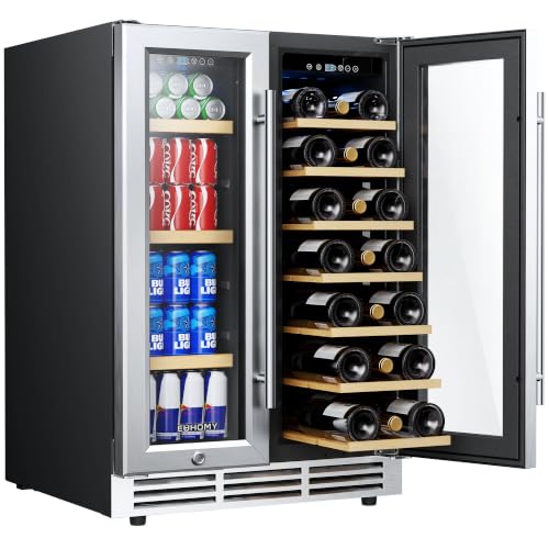 Image of EUHOMY Wine and Beverage Refrigerator, 24 Inch Dual Zone Wine Cooler with Glass Door with Blue LED Light, Holds 21 Bottles and 88 Cans, Built-in or Under Counter Wine Fridge