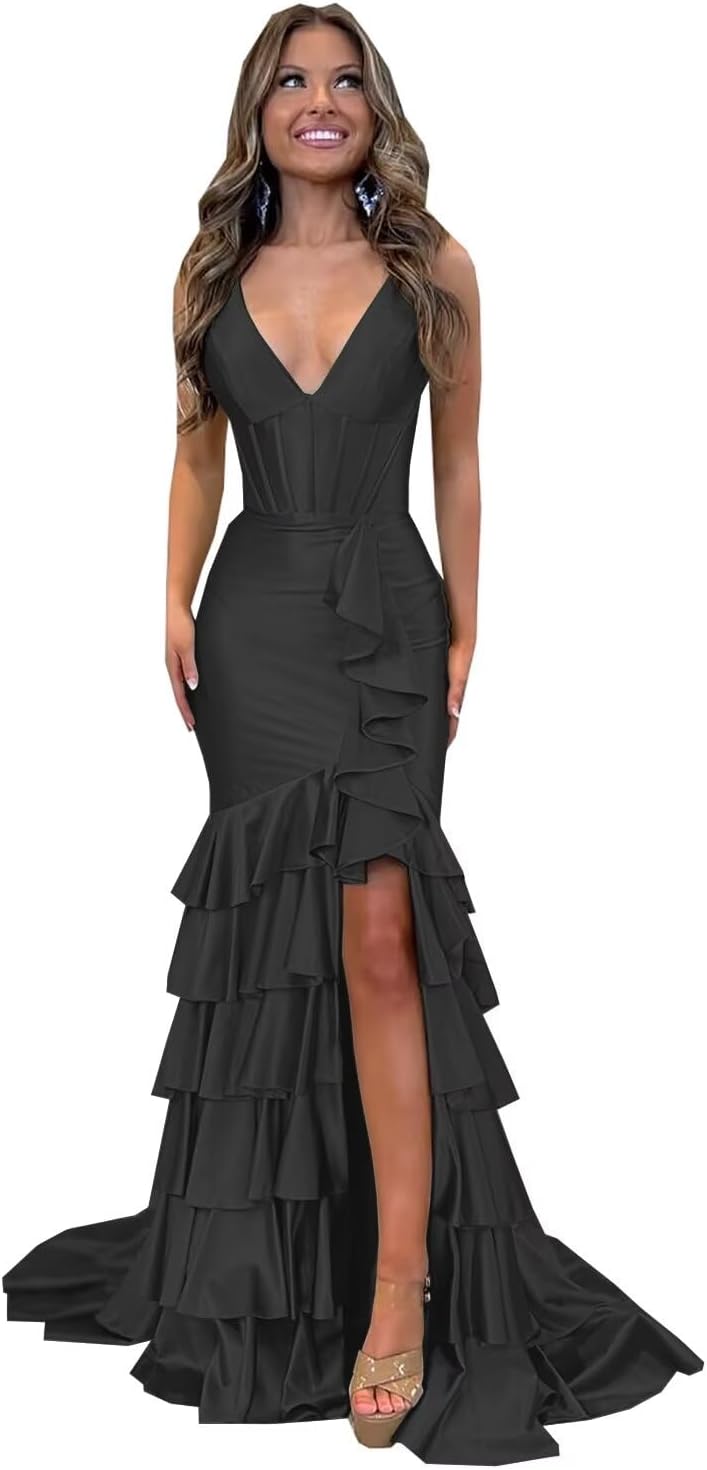 YMFFW Satin Ruffles Mermaid Prom Dresses Long with Slit 2025 Sexy V Neck Evening Dresses Corset Plus Size Party Gowns
