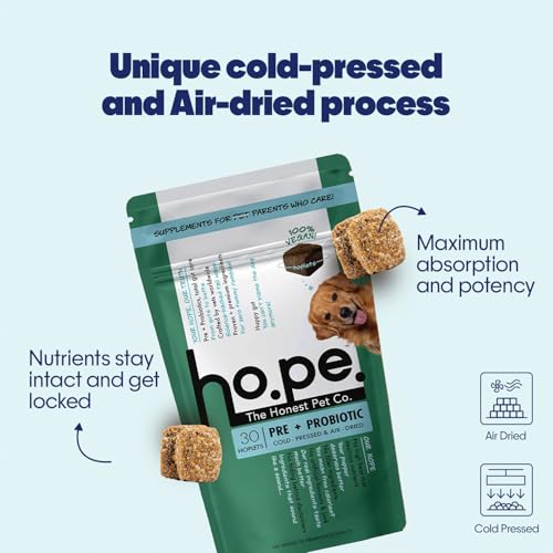 Image of Hope Pre & Probiotics Supplement for Dogs -30 Vegan hoplets | Tasty Pet Chews with Hing for Absolute Gut Health, Gas, Itching, Scratch Relief | Cold-Pressed| Air-Dried | Tasty | Honest Pet Co