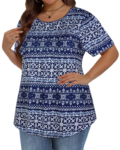 Image of Plus Size Tops for Women Pleated Summer Top Trendy Short Sleeve Shirts Casual Basic Tee Crew Neck Blouses 2026