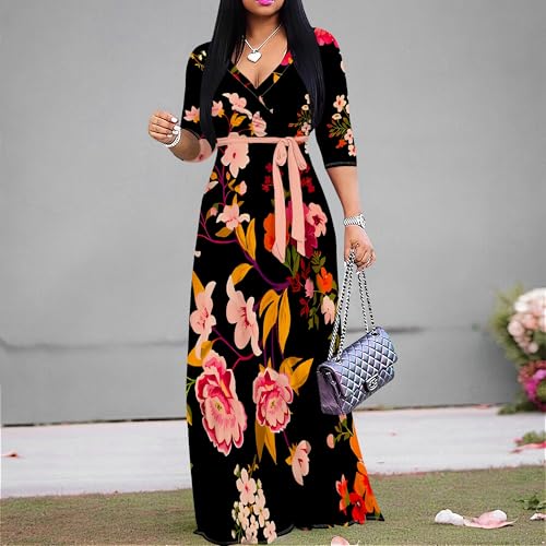 Women's Print Maxi Dresses 3/4 Sleeve Flowy Long Dress V Neck Wrap Tie Waist Sundress4