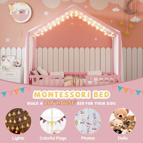 Image of Twin Size Wood House-Shape Platform Bed with Roof Frame and Canopy, Montessori Floor Bed with High Railings and Slat Support for Kids Girls Boys, No Box Spring Needed (Pink-05, Twin)