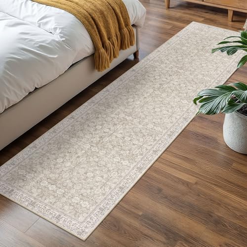 2x7 Cream Beige White Grey Washable Runner Rug for Hallways, Soft Classic Kitchen Rugs with Non-Slip, Non-Shedding Distressed Floral Rug for Hallway Entryway Bedroom Bathroom Laundry Indoor