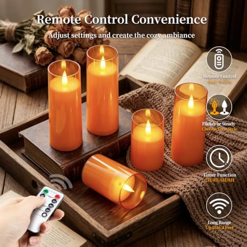 Image of Homemory Orange Flameless Candles Realistic Flickering with Remote for Fall | Halloween Candles Battery Operated with Timer, LED Fake Electric Pillar Candles for Home, Holiday Decor, Set of 5