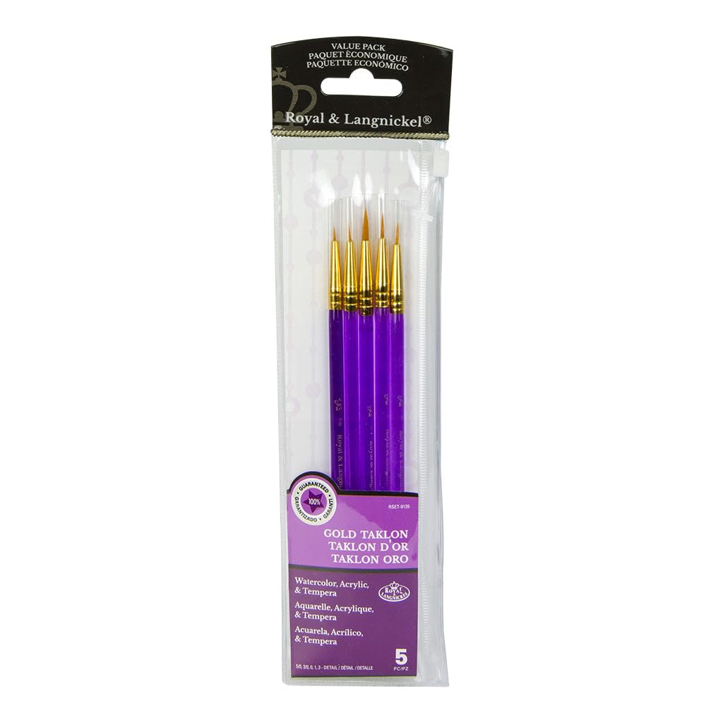 Royal & Langnickel Royal Zip N' Close Gold Taklon Acrylic Handle Detail 5-Piece Brush Set