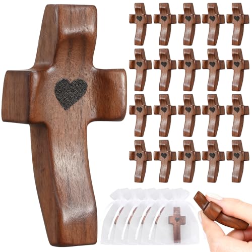30Pcs Wooden Cross Fidget with Organza Bags Cross My Heart/ Encouragement Gift Handcrafted Walnut Pocket Cross Handheld Prayer Stress Relief Christian Faith Gifts Religious Easter Day Gifts (Brown
