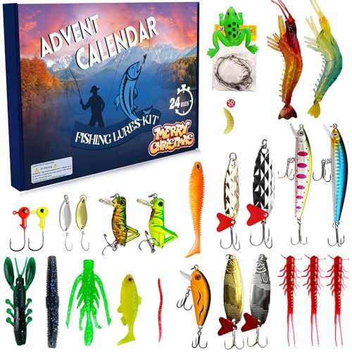 Bnqoe Fishing Advent Calendar 2024, Fishing Advent Calendar for Adult, Fishing Lure Set Christmas Gifts, 24 Days Xmas Countdown Gift for Anglers with Topwater Lures Fishing Spoons Minnow Popper Crankbait VIB (B-Blue Red)