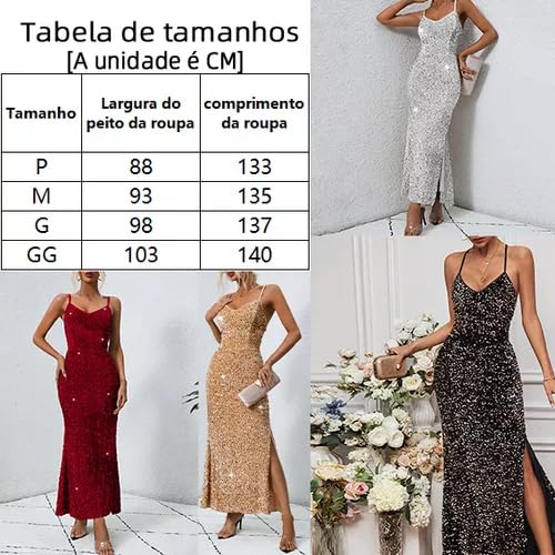 BEMMY Vestido Longo Festa Com Lantejoula De Fenda Moda Feminino, Saia Longa Com Suspensório Vestido