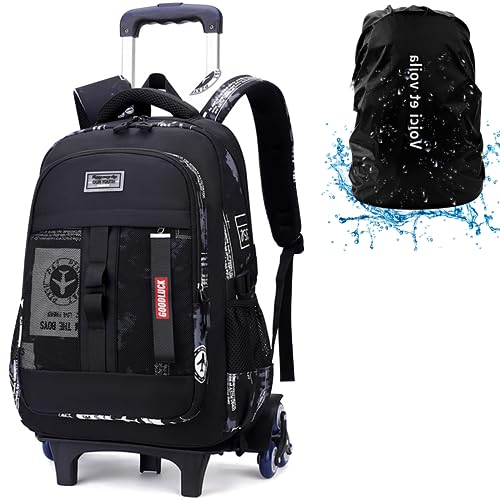 Voici et Voila Mochilas Escolares con Ruedas Carro Mochilas Infantils Niños Bolsas Escolares 6 Ruedas Trolley Bag Mochila Juvenil Chico Negro Aviones 33x21x52cm