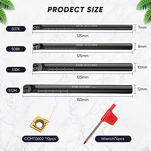 14 Pieces Lathe Boring Bar Set 4 Pieces 95 Degree S07K/ S08K/ S10K/ S12M-Sclcr06 Lathe Boring Internal Turning Bar Holder With 10 Pieces Ccmt0602 Carbide Inserts And 4 Pieces Wrench #TOP1