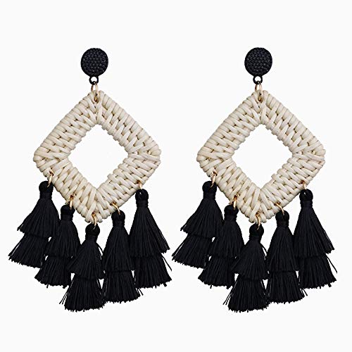 Bohemia Tassel Earrings Statement Handmade Dangle Ethnic Fringe Earrings Bamboo Weaving Geometric Square Sector Gifts for Women-C black