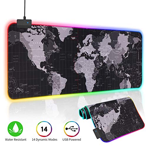 O'woda Alfombrilla de Ratón RGB Extra Grande - Mapa Mundi,800 * 300 * 4 mm - Base de Goma Antideslizante,Lavable,Mouse Pad para Videojuegos, Gamers Ordenador, PC y Laptop