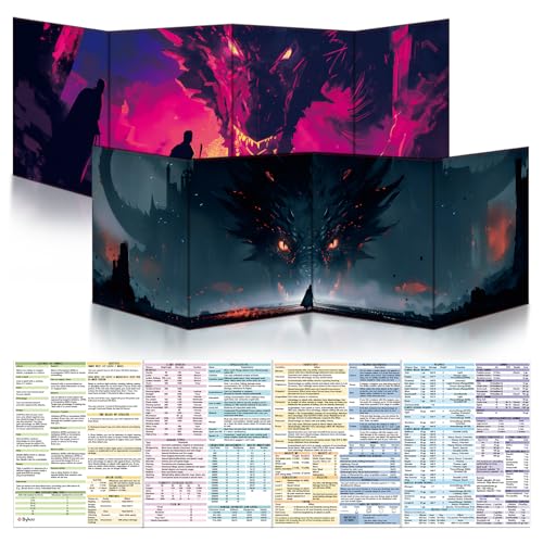 Byhoo 2PCS DM Screen for D&D 5E with 2 Immersive ThemesWaterproof Reusable Surface Tri-Fold Portable Design Folds to A4 Size DND Accessories Compatible with Players Handbook