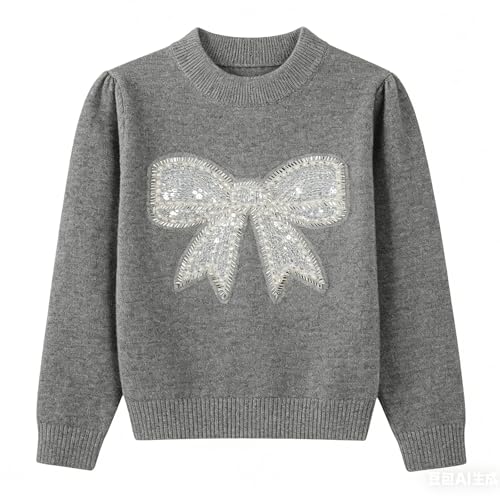 Image of Danny D Young Girl′s Bowknot Sequin Knitted Sweater Crew Neck Long Sleeved Tops for Autumn and Winter
