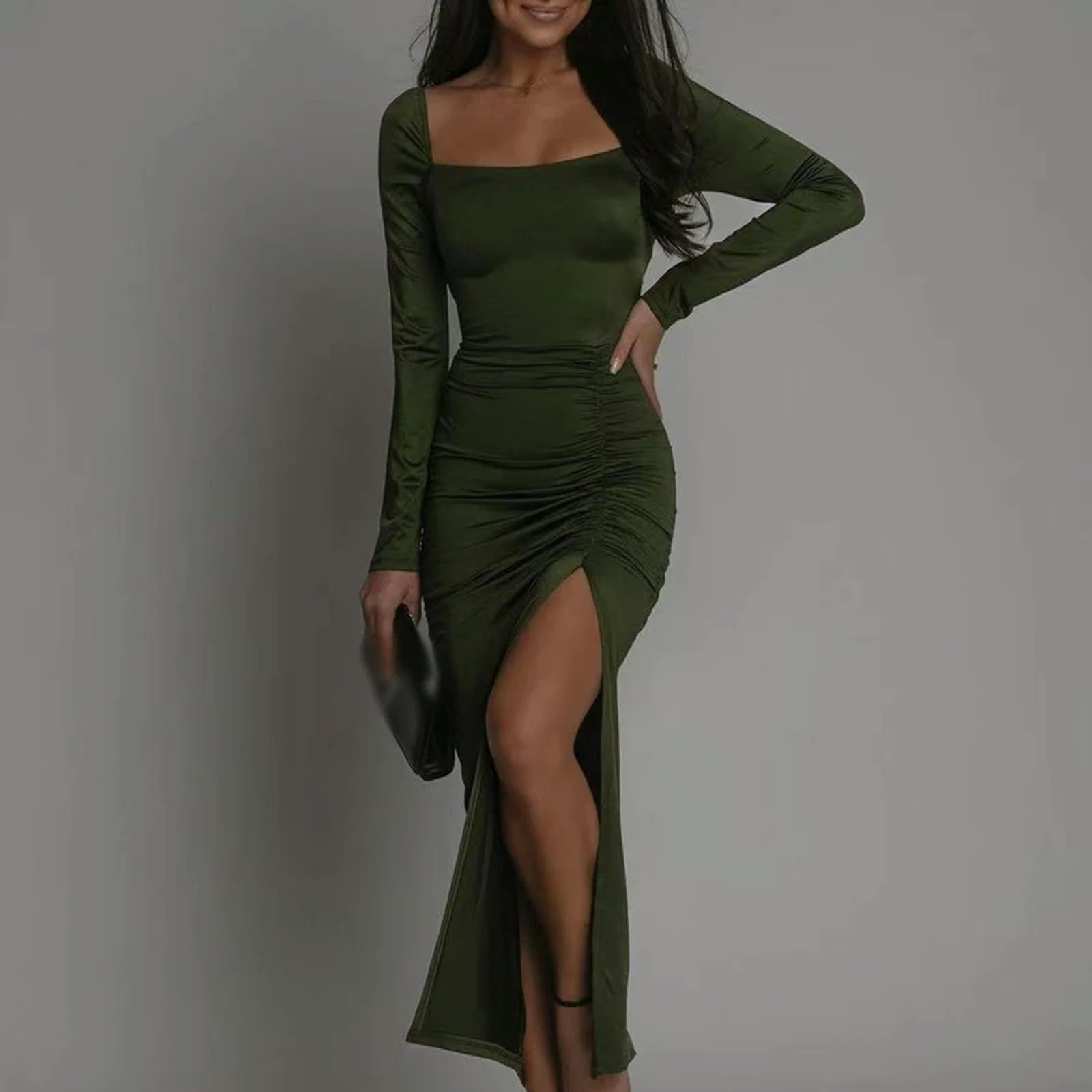 2024 kobiet Backless kwadratowy kołnierzyk wąskie sukienki seksowny rozcięcie sznurkiem długa sukienka na imprezę Chic Casual solidna obcisła sukienka damska