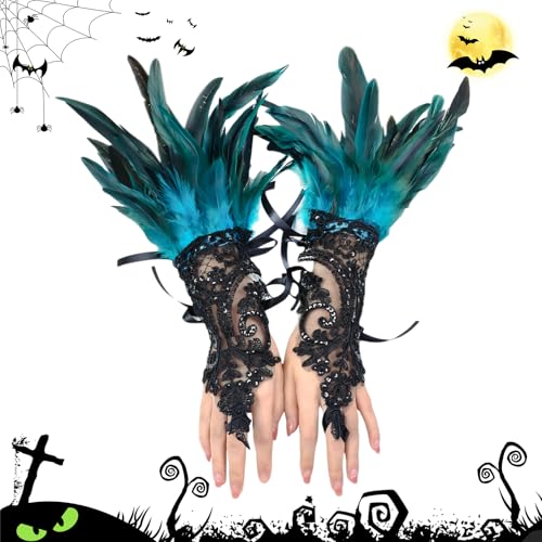 Allony Capa de penas góticas, xaile de penas, xaile de penas, colar de penas de Halloween, xaile de penas gótico para Halloween, carnaval, dança, atuação de personagens, azul