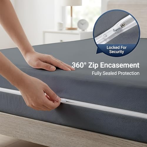 Image of 100% Waterproof Queen Size Zipper Mattress Encasement - Ultra Soft & Breathable Six-Sided Bed Cover, Dustproof Noiseless Fitted Design, 72x60 Inch (6x5 Feet), Fits Up to 6 Inch Mattress, Grey