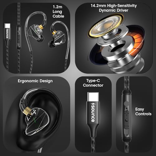 Image of Sounce BassEngine Type-C In Ear Wired Earphones 14.2mm Dynamic Driver HD Mic Ergonomic Earbuds Anti Tangle TPE Cable In Line Music Call Controls Deep Bass Clear Sound for Everyday Use ProSeries(Black)