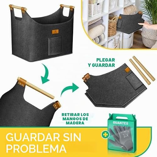 Miniatura 5 de Kesser Cesta Plegable Con Asas De Madera Reforzadas, Para Leña De 60 Litros, Bolsa De Fieltro Extra Grueso, Almacenamiento Periódico O Madera