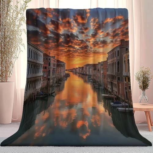 Manta en Naturaleza Amanecer Arquitectura Patrón para sofá Cama Grande Suave, Ligero y Esponjoso en Manta de Franela Polar para Todas Las Estaciones 200 x 220 cm, Color Naranja